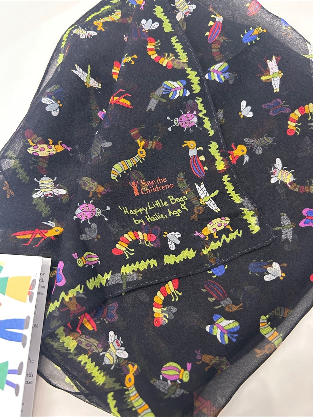 Save the Children 'Happy Little Bugs' Black Printed Scarf, Vintage 100% Silk